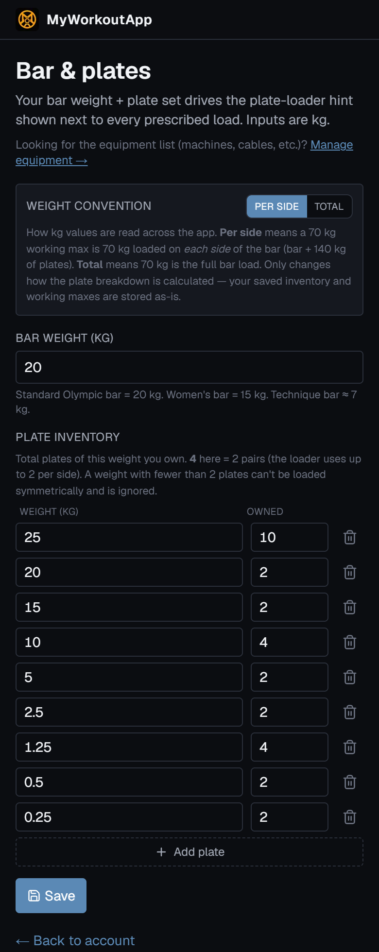App-scherm met barbell-gewicht en schijveninventaris